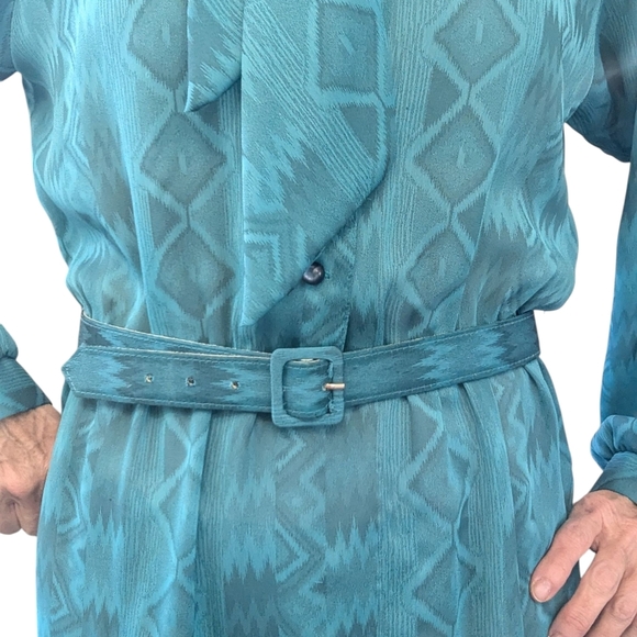 VINTAGE Petites By Willi Sheer Monochrome Belted Blouson 80s Fashion Midi Dress - Picture 8 of 12